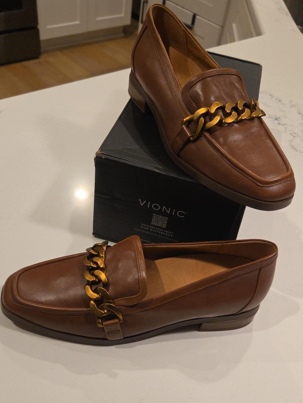 Vionic Womens Brown Leather Loafers with Gold Chain Accent